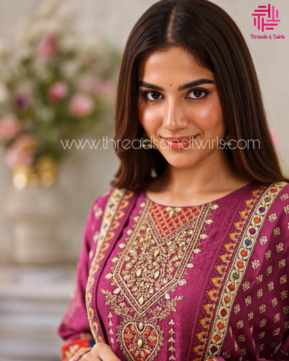 Purple Muslin Printed Salwar Suit with Matching Dupatta | Threads & Twirls