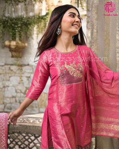 Pink Tissue Shimmer Salwar Suit with Peacock Yoke Embroidery | Threads & Twirls