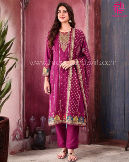 Purple Muslin Printed Salwar Suit with Matching Dupatta | Threads & Twirls