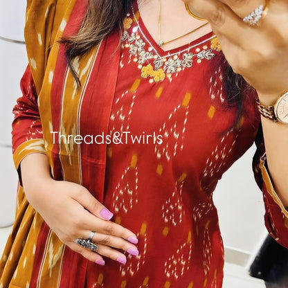 Aishwarya - Cotton Print Suit Set - Rust brown and Orange | Threads & Twirls