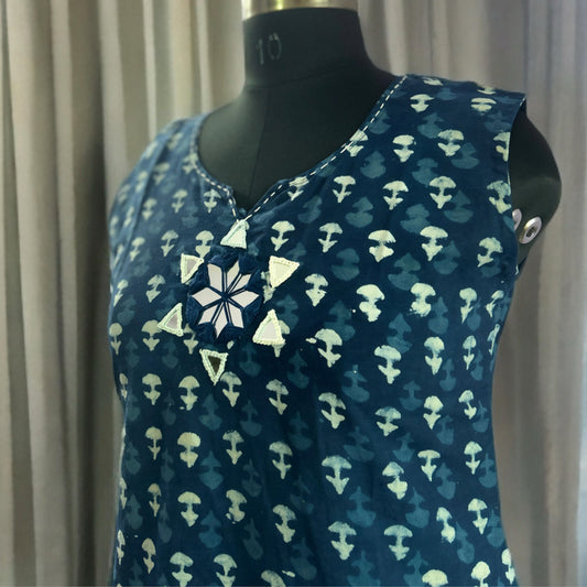 Indigo Kurta Set with Mirror Work Yoke and Contrast Salwar Pant & Attachable Sleeves – Ethnic Wear for Women