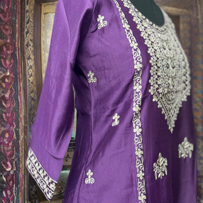 Regal Purple Silk Suit Set with Intricate Thread Embroidery on Kurta & Dupatta