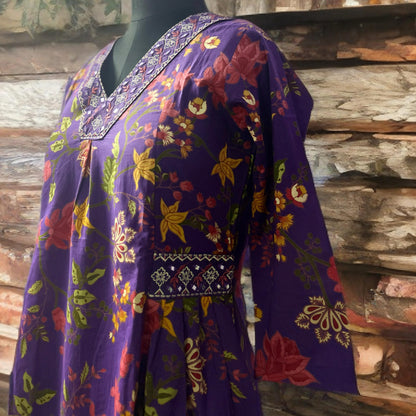 Purple Floral Cotton Suit Set with Embroidered Neckline | Pant & Dupatta Included