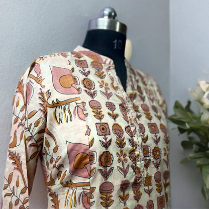Tan Brown Cotton Printed Kurti Pant Set with Dupatta | Threads & Twirls