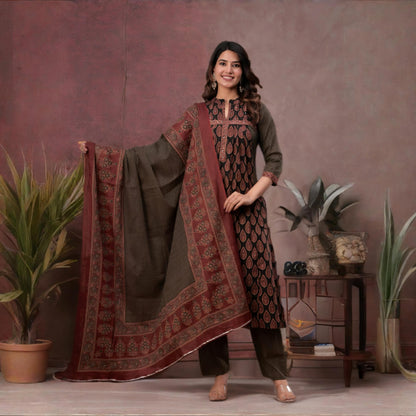 Elegant Pure Cotton Pintuck Kurtha Set with Pocket & Dupatta – Ethnic Salwar Suit for Women | Threads & Twirls