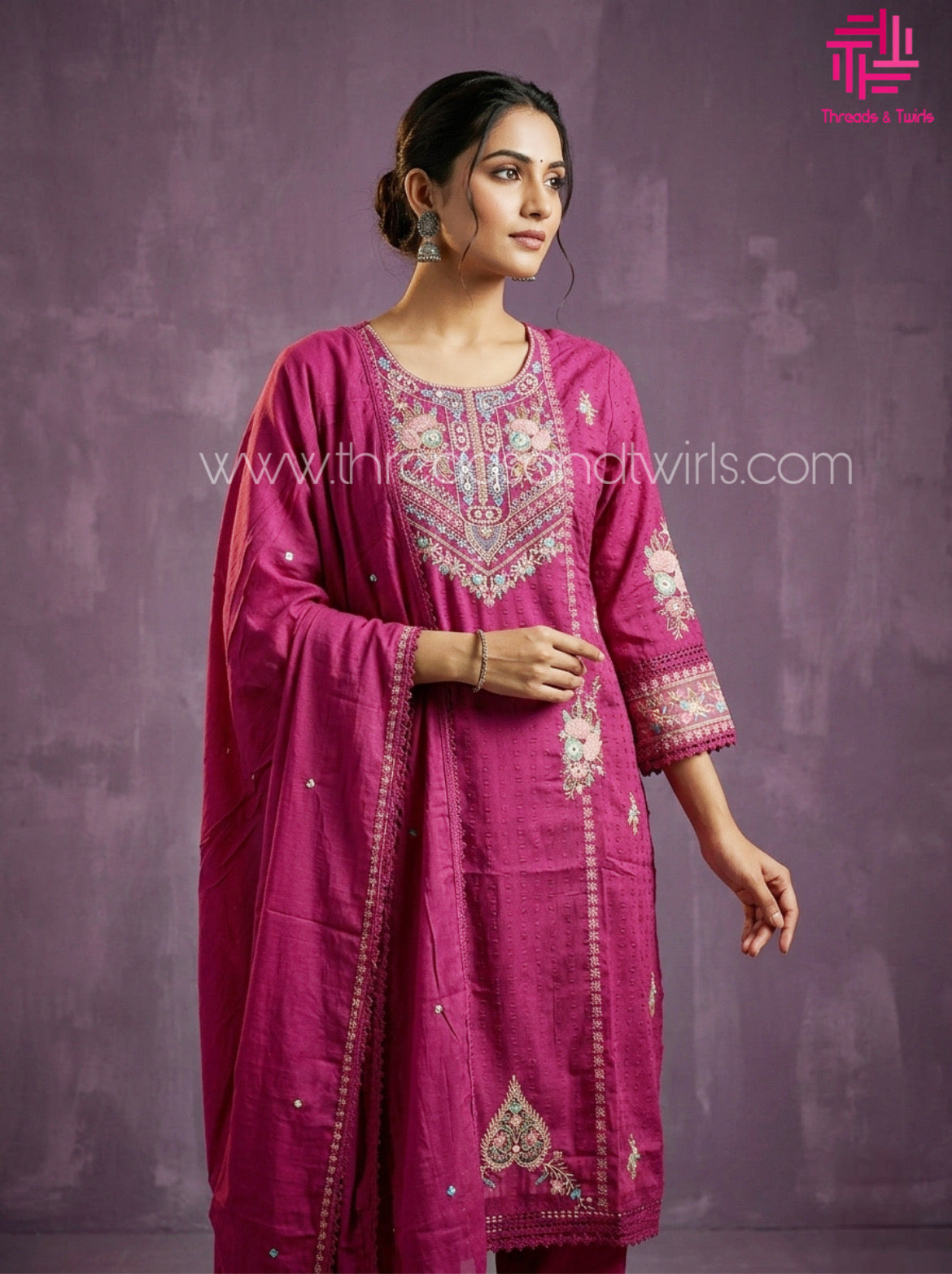 Magenta Pink Dobby Cotton Salwar Suit with Embroidery & Mul Cotton Dupatta – Festive Ethnic Wear
