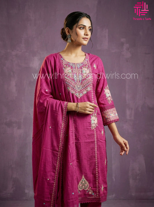 Magenta Pink Dobby Cotton Salwar Suit with Embroidery & Mul Cotton Dupatta – Festive Ethnic Wear