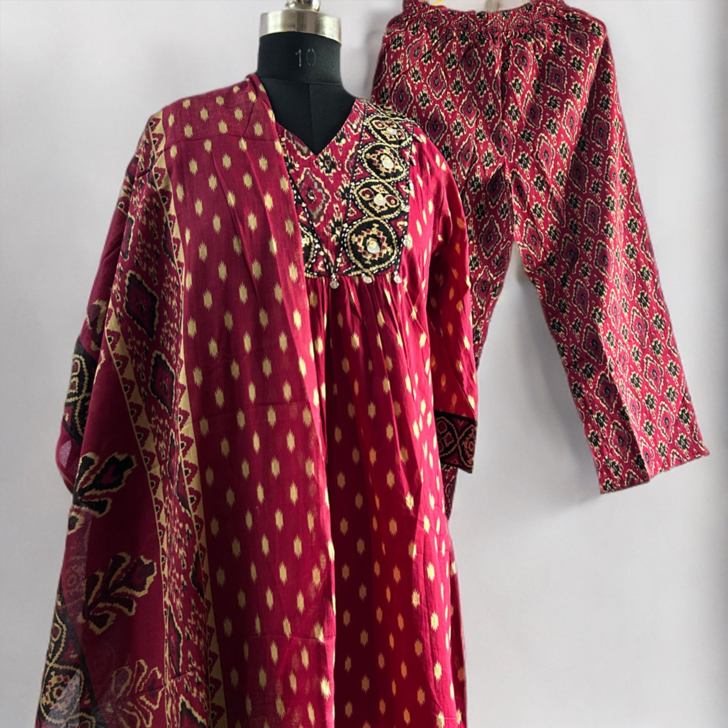 Burgundy Rajasthani Ikat Cotton Salwar Suit with Mirror Work, Printed Pant & Dupatta | Threads & Twirls