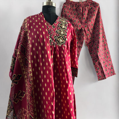 Burgundy Rajasthani Ikat Cotton Salwar Suit with Mirror Work, Printed Pant & Dupatta | Threads & Twirls