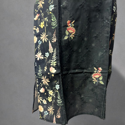 Black Floral Printed Linen Cotton Kurta Pant Set with Embroidered Yoke & Printed Dupatta – Elegant Festive Wear