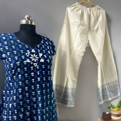 Indigo Kurta Set with Mirror Work Yoke and Contrast Salwar Pant & Attachable Sleeves – Ethnic Wear for Women