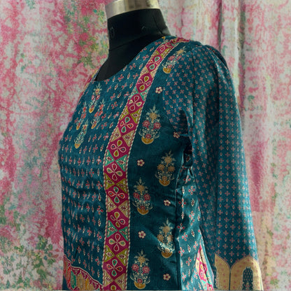 Peacock Blue Chinon Salwar Suit with Mughal Prints, Plain Pant & Golden Dupatta | Threads & Twirls
