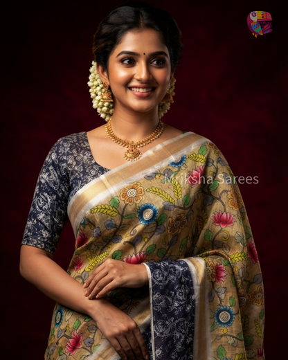 Mriksha Digital Printed Floral Saree with Contrast Blouse | Soft & Elegant | Threads & Twirls