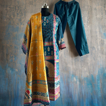 Peacock Blue Chinon Salwar Suit with Mughal Prints, Plain Pant & Golden Dupatta | Threads & Twirls