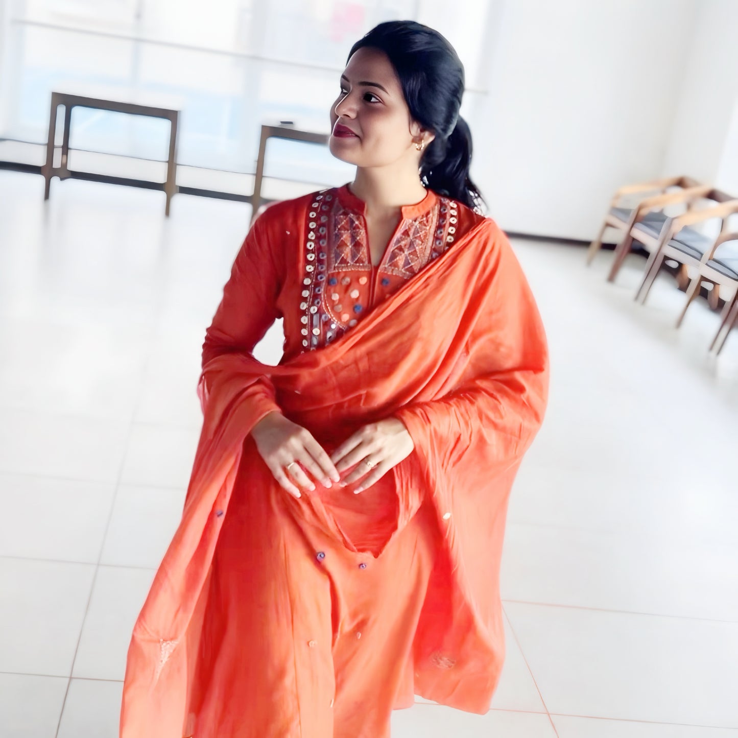 Rust Mul Chanderi Mirror Work Salwar Suit | Threads & Twirls
