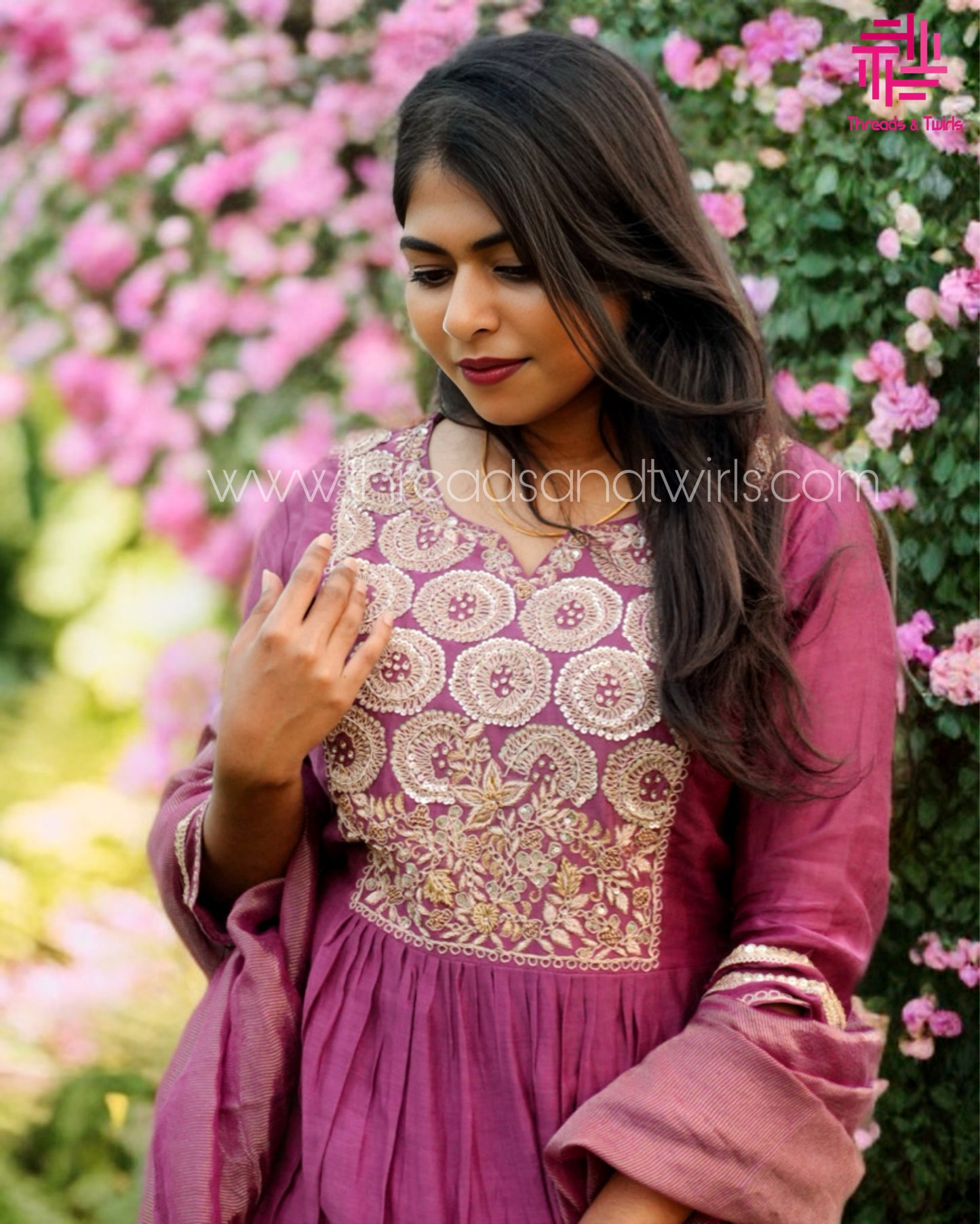 Wine Mul Chanderi Salwar Suit with Embroidered Yoke | Threads & Twirls