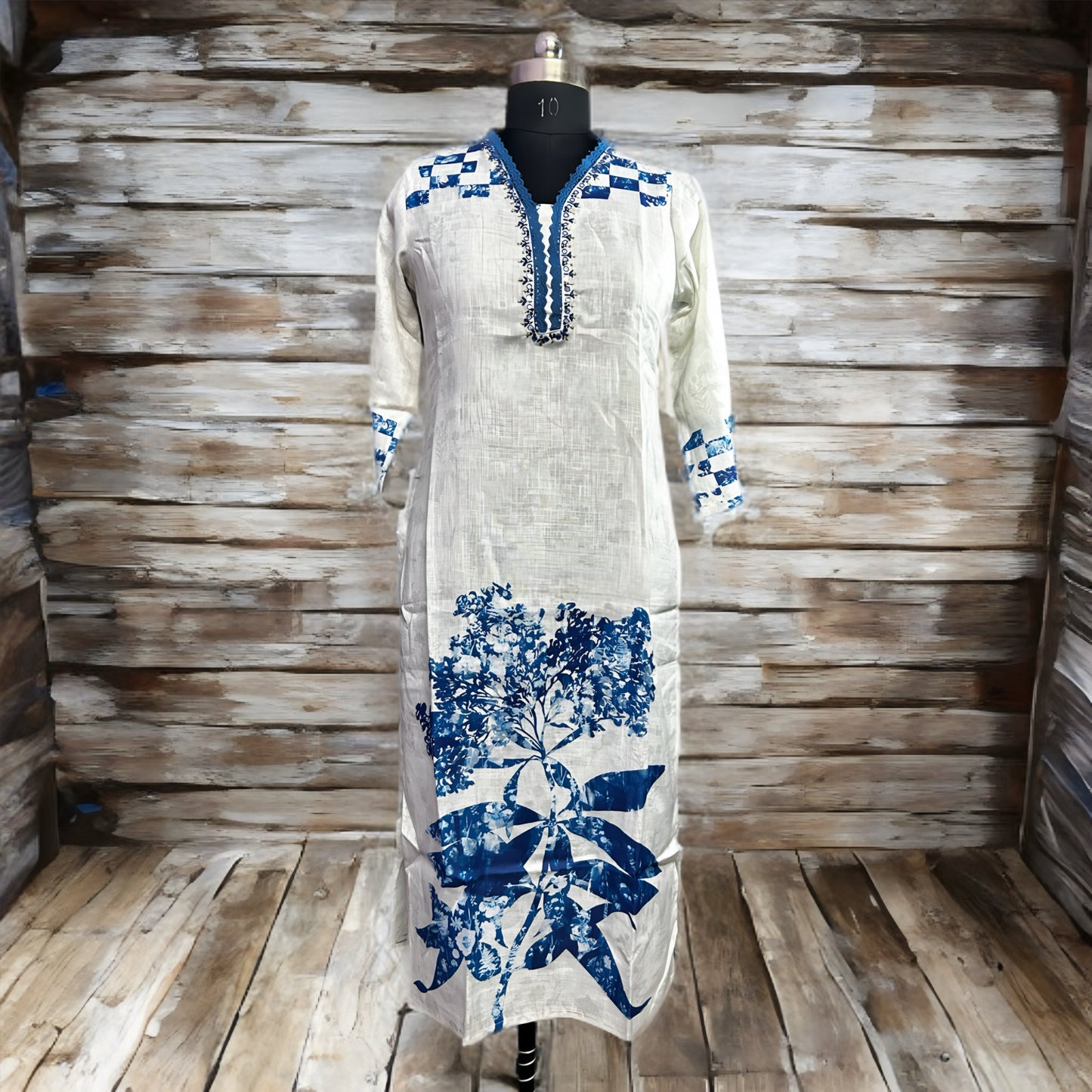 White Cotton Blend Salwar Suit with Blue Floral Print & Dupatta | Threads & Twirls