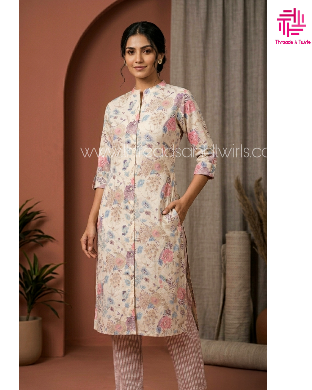 Pastel Floral Print Coord Set – Casual Cotton Co-ord with Striped Pants for Everyday Elegance