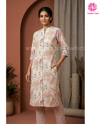 Pastel Floral Print Coord Set – Casual Cotton Co-ord with Striped Pants for Everyday Elegance
