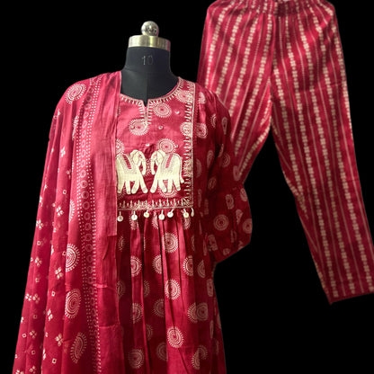 Pink Cotton Printed Suit Set with Elephant Embroidery | Pant & Dupatta Included