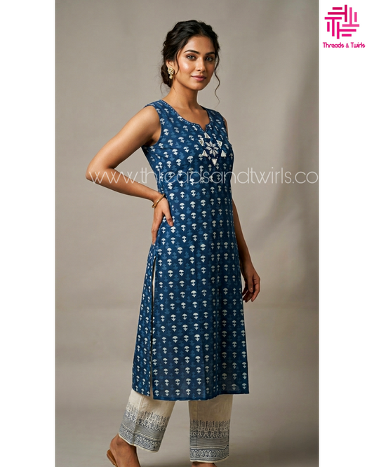 Indigo Kurta Set with Mirror Work Yoke and Contrast Salwar Pant & Attachable Sleeves – Ethnic Wear for Women