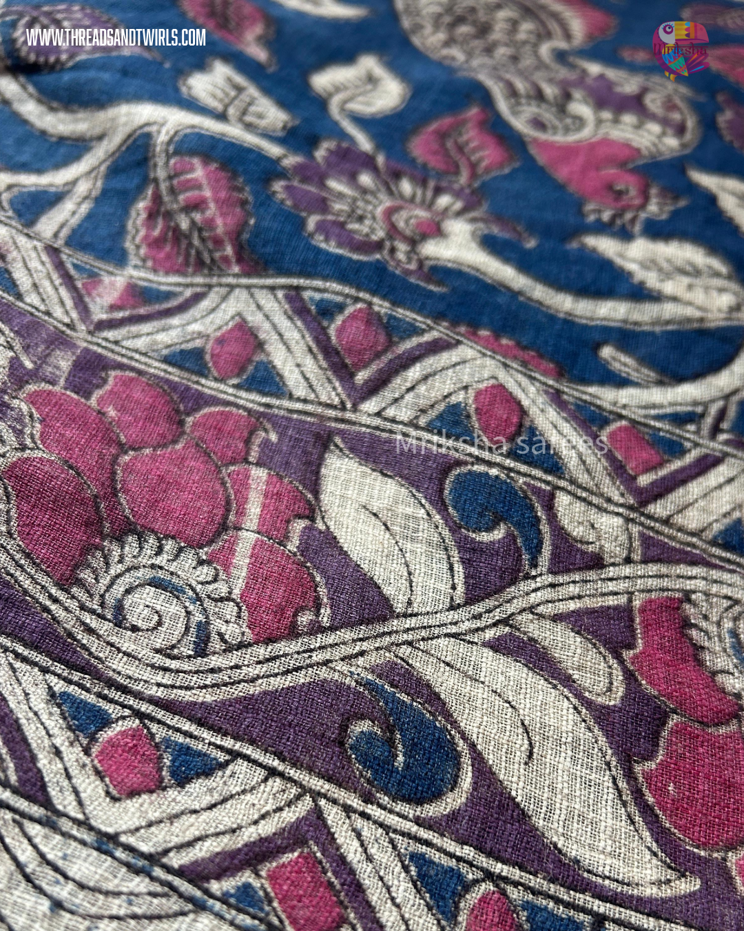 Kota Kalamkari Saree in Blue with Peacock Pallu & Contrast Beige Floral Blouse | Mriksha Sarees