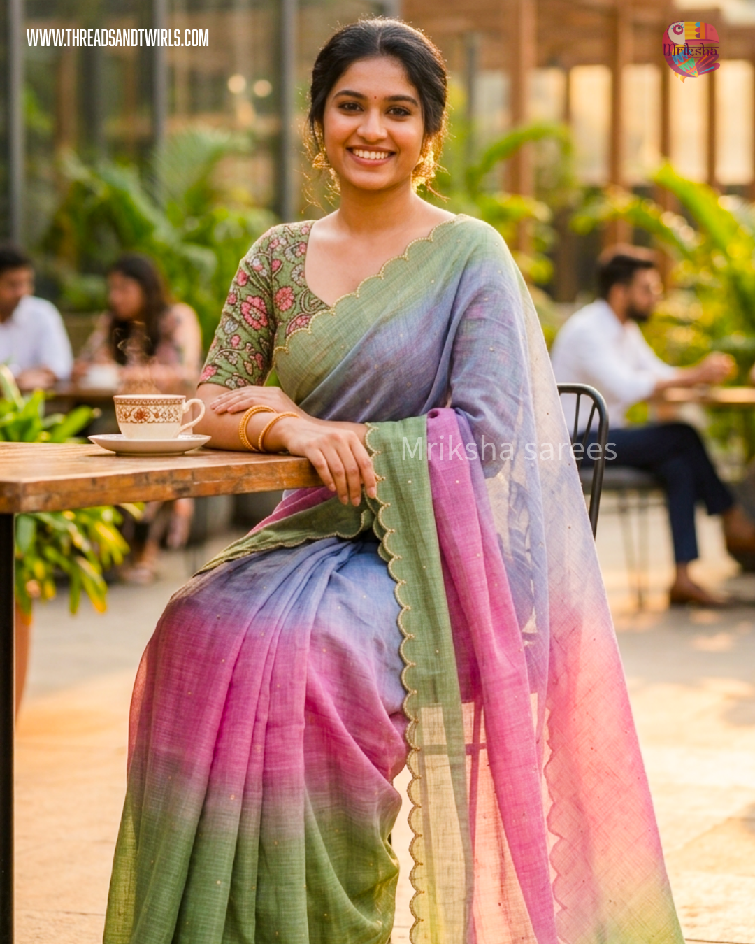 Kota Doria Ombre Saree with Mirror Work & Floral Printed Blouse – Mriksha Sarees
