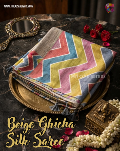 Beige Ghicha Silk Saree with Multicolour Geometric Pallu & Blouse | Mriksha Sarees