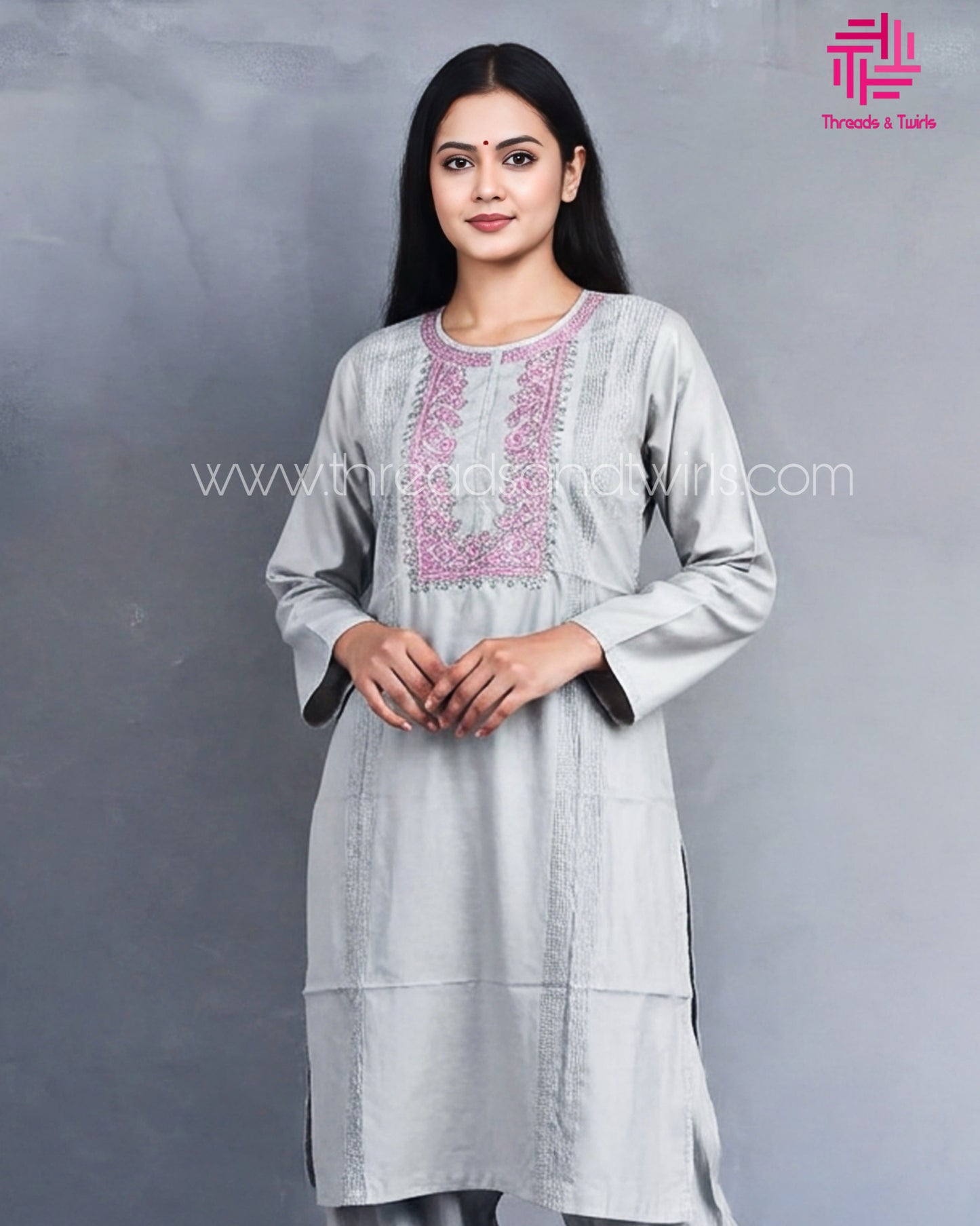 Silver Grey Roman Silk Salwar Suit with Contrast Pink Floral Dupatta & Embroidered Yoke