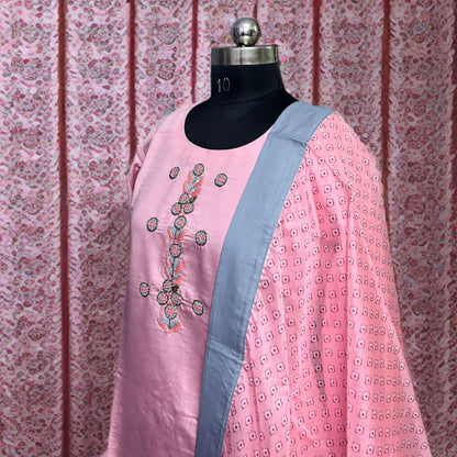 Blush Pink Kurta Set with Hand Embroidery and Grey Pant Dupatta Combo