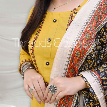 Divya - Printed Dupatta Suit Set - Yellow and Black | Threads & Twirls