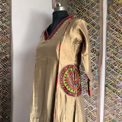 Beige Salwar Suit with Red Floral Dupatta, Embroidered Dual Pockets & Palazzo Pant