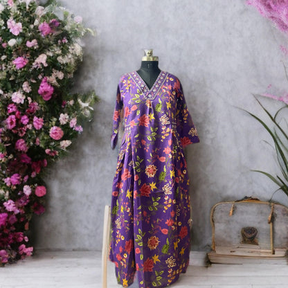 Purple Floral Cotton Suit Set with Embroidered Neckline | Pant & Dupatta Included