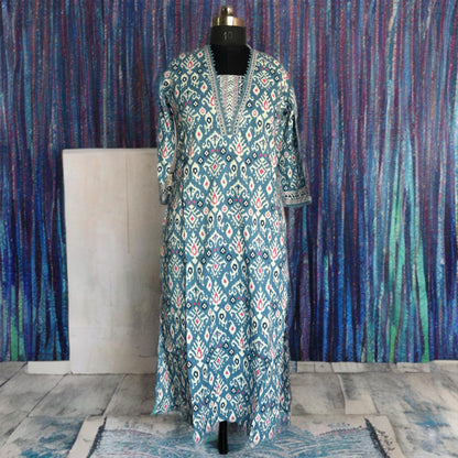 Blue Cotton Ikkat Kurta Set with Lace Detailing & Printed Dupatta | Threads & Twirls Exclusive