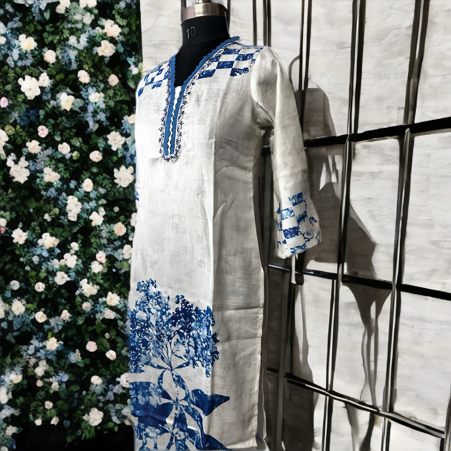 White Cotton Blend Salwar Suit with Blue Floral Print & Dupatta | Threads & Twirls