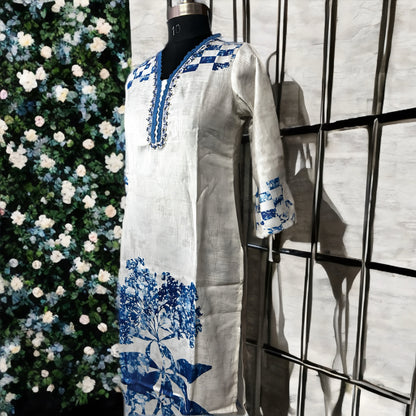 White Cotton Blend Salwar Suit with Blue Floral Print & Dupatta | Threads & Twirls