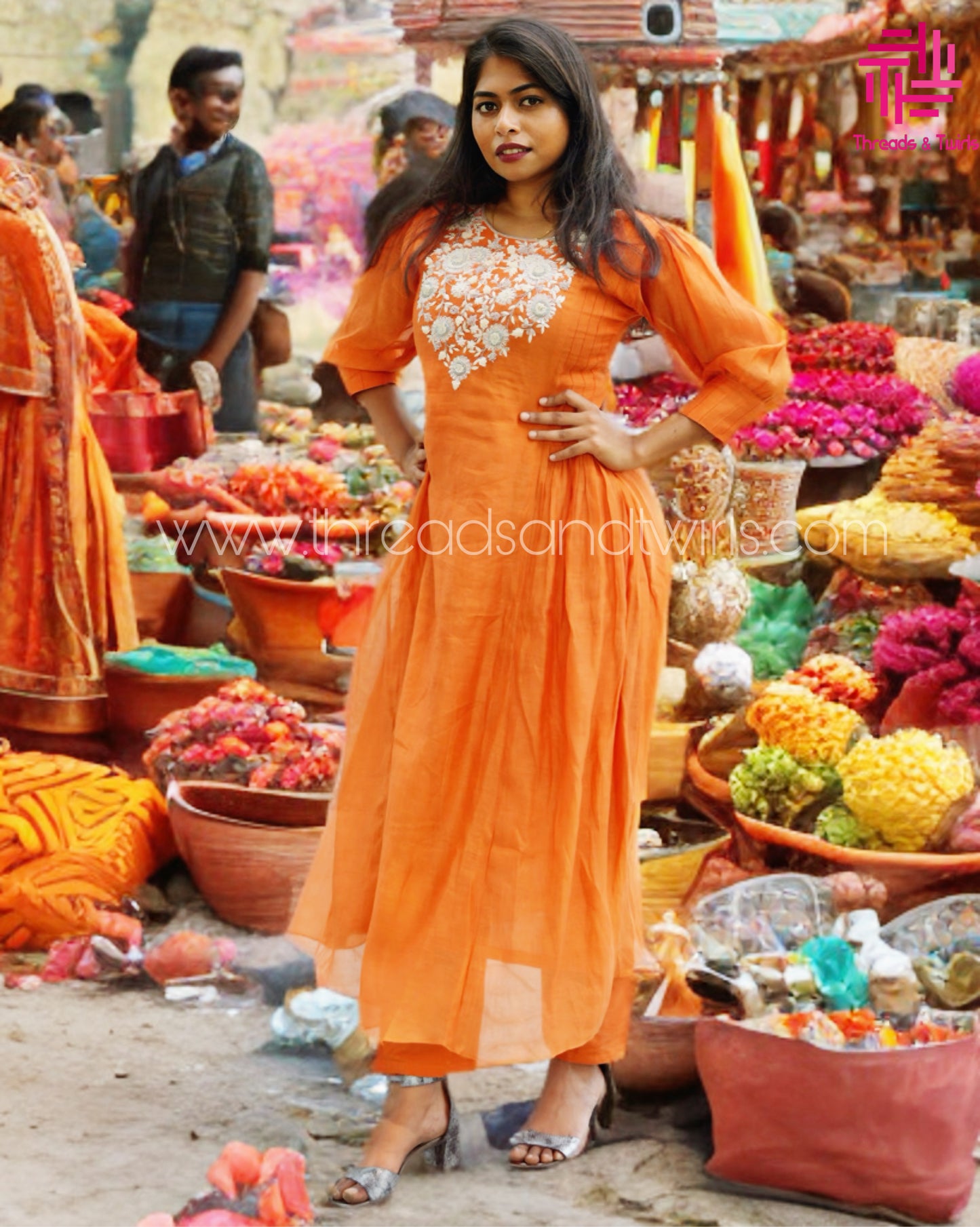 Orange Mul Chanderi Suit with Embroidered Yoke & Pintuck Sleeve Details | Threads & Twirls