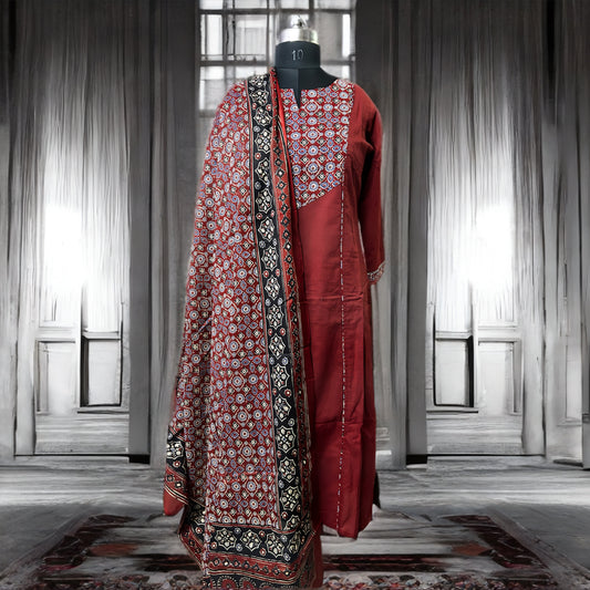 Rust Red & Printed Cotton Salwar Suit with Dupatta – Threads & Twirls
