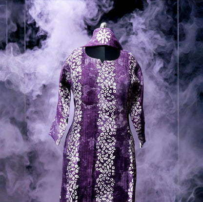 Purple Bandhani Print Kurtha Set with Dupatta & Pant – Traditional Elegance with Contemporary Comfort