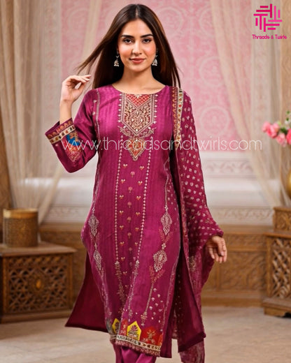 Purple Muslin Printed Salwar Suit with Matching Dupatta | Threads & Twirls