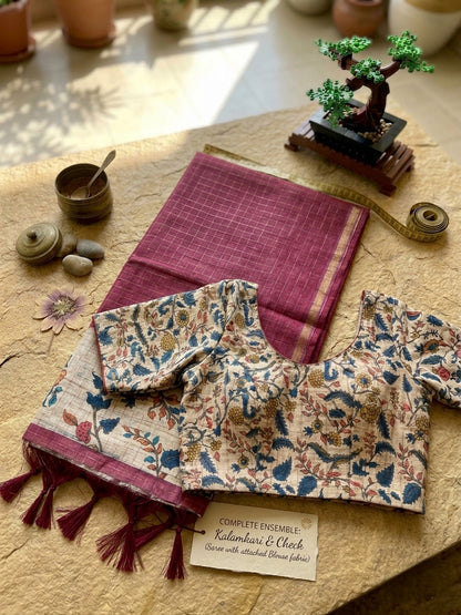 Silk Cotton Kalamkari & Checks Saree with Floral Printed Blouse – Tri-Gradient Shades (Pink, Violet, Blue)