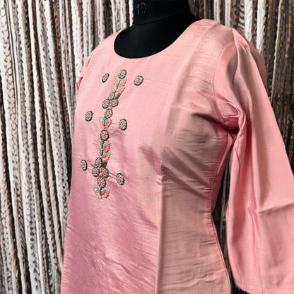 Blush Pink Kurta Set with Hand Embroidery and Grey Pant Dupatta Combo