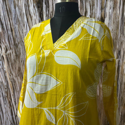 Sunshine Yellow Cotton Coord Set with Bold White Floral Prints – Comfortable & Stylish Daywear