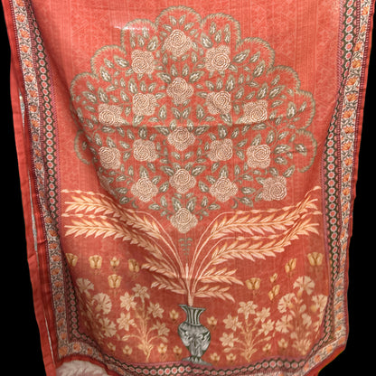 Rust Orange Embroidered Cotton Kurta Pant Set with Printed Chiffon Dupatta – Traditional Festive Wear