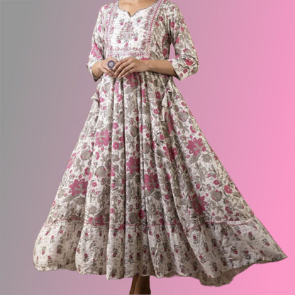 Grey and Pink Floral Anarkali Kurta | Threads and Twirls