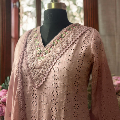Mauve Pink Hakoba Straight Cut Salwar Suit with Embroidered V-Neck, Mirror Work Dupatta & Designer Pant