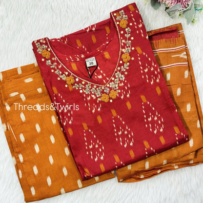 Aishwarya - Cotton Print Suit Set - Rust brown and Orange | Threads & Twirls