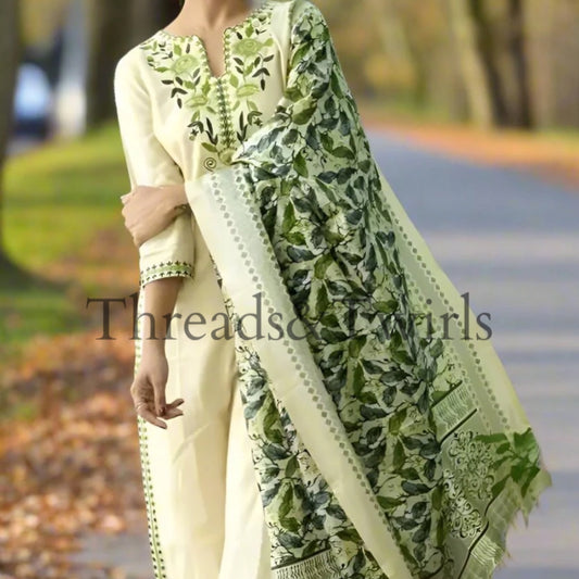 Yazhini - Floral Printed Viscose Rayon Kurtha Set - Cream & Green | Threads & Twirls