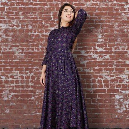 Purple Geometric Printed Anarkali Kurta for Women – Cotton Blend, Flared Fit | Threads & Twirls