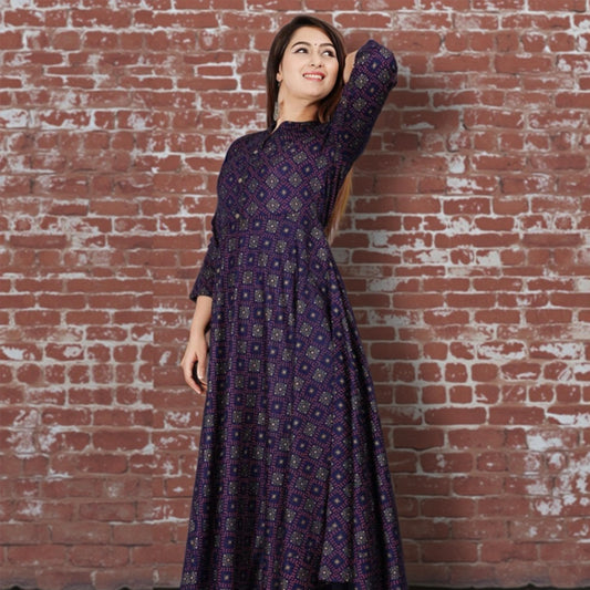 Purple Geometric Printed Anarkali Kurta for Women – Cotton Blend, Flared Fit | Threads & Twirls